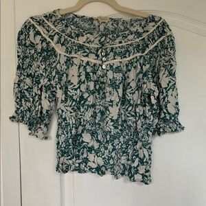 Green Smocked Puff Sleeve Blouse with Bib Collar